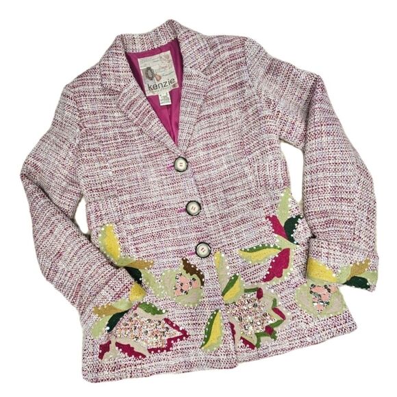 Kenzie Magenta Pink Textured Tweed Colorful Sequins Beads Abstract Design Blazer - Picture 14 of 16